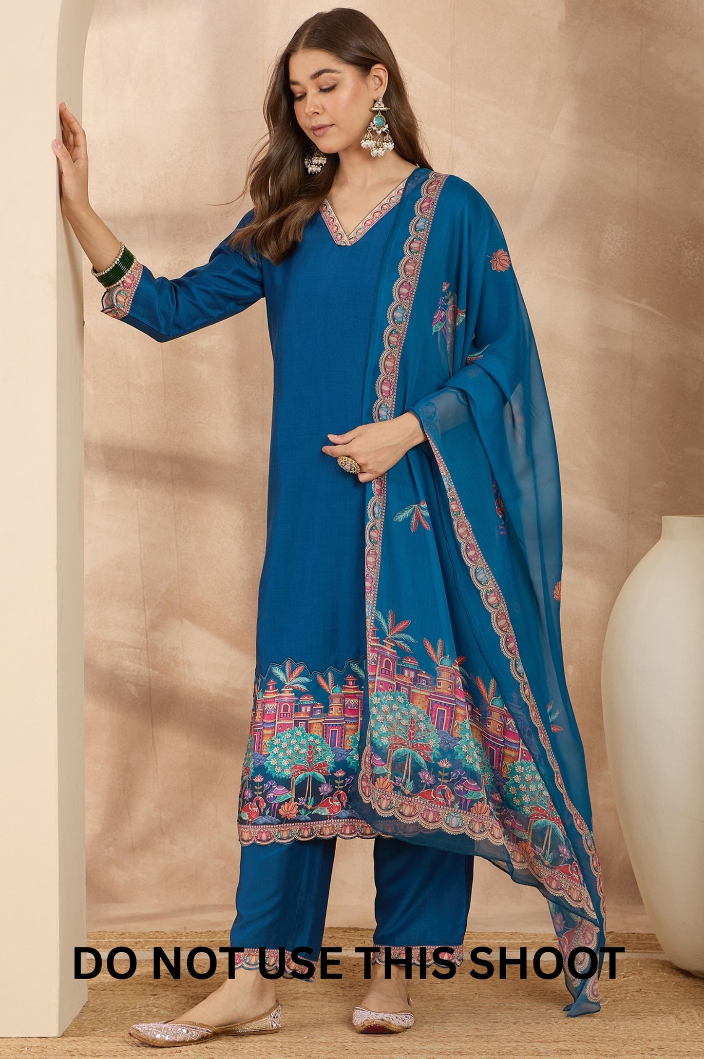 Women Blue Chinnon Applique Digital Print Kurta Pant Dupatta Set