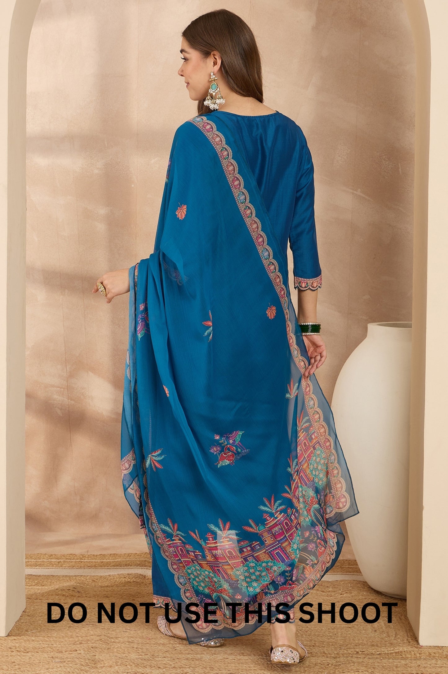 Women Blue Chinnon Applique Digital Print Kurta Pant Dupatta Set