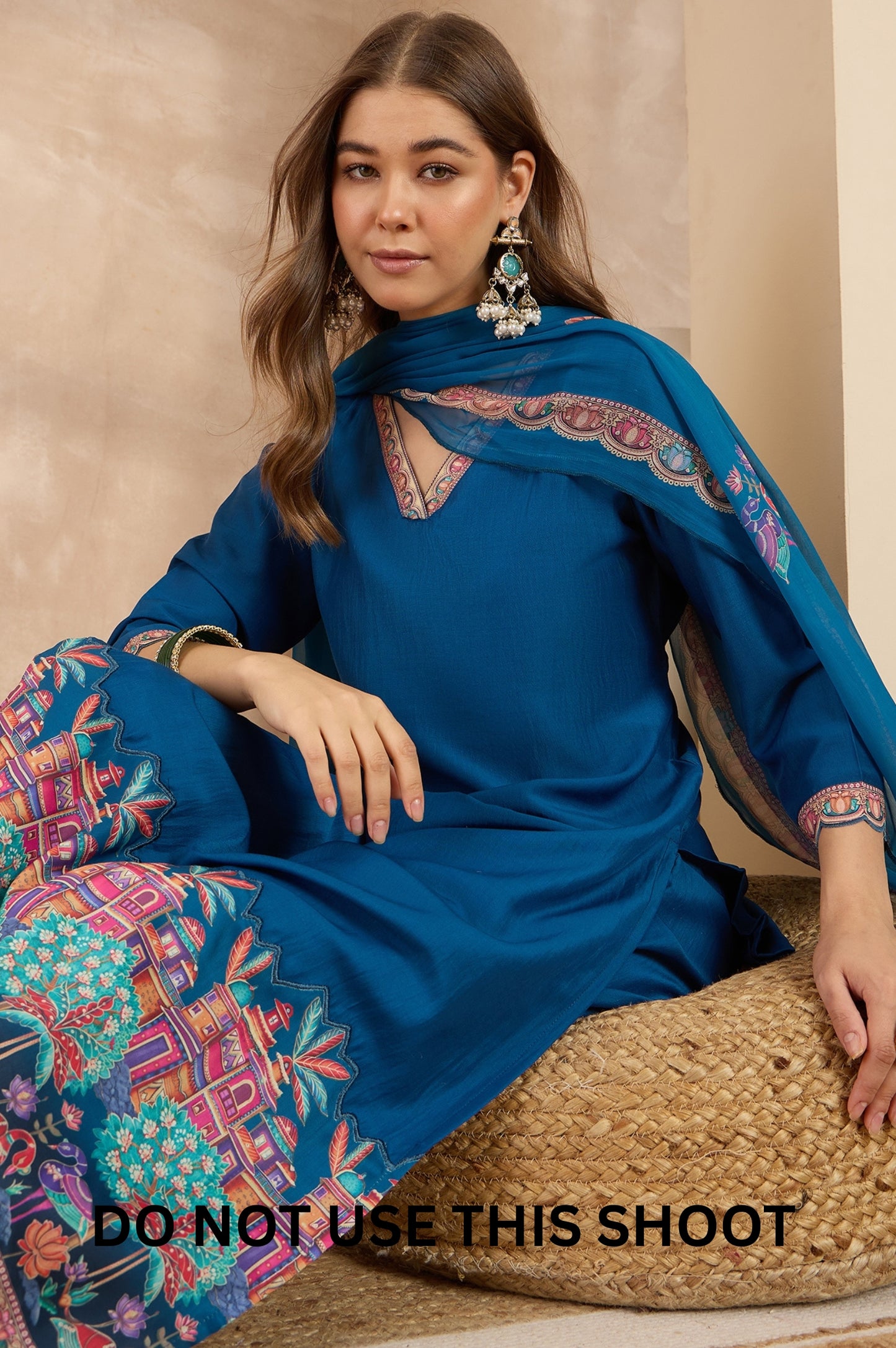 Women Blue Chinnon Applique Digital Print Kurta Pant Dupatta Set