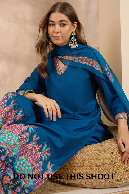 Women Blue Chinnon Applique Digital Print Kurta Pant Dupatta Set