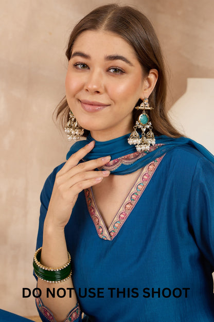 Women Blue Chinnon Applique Digital Print Kurta Pant Dupatta Set