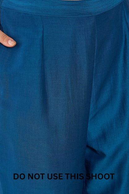 Women Blue Chinnon Applique Digital Print Kurta Pant Dupatta Set