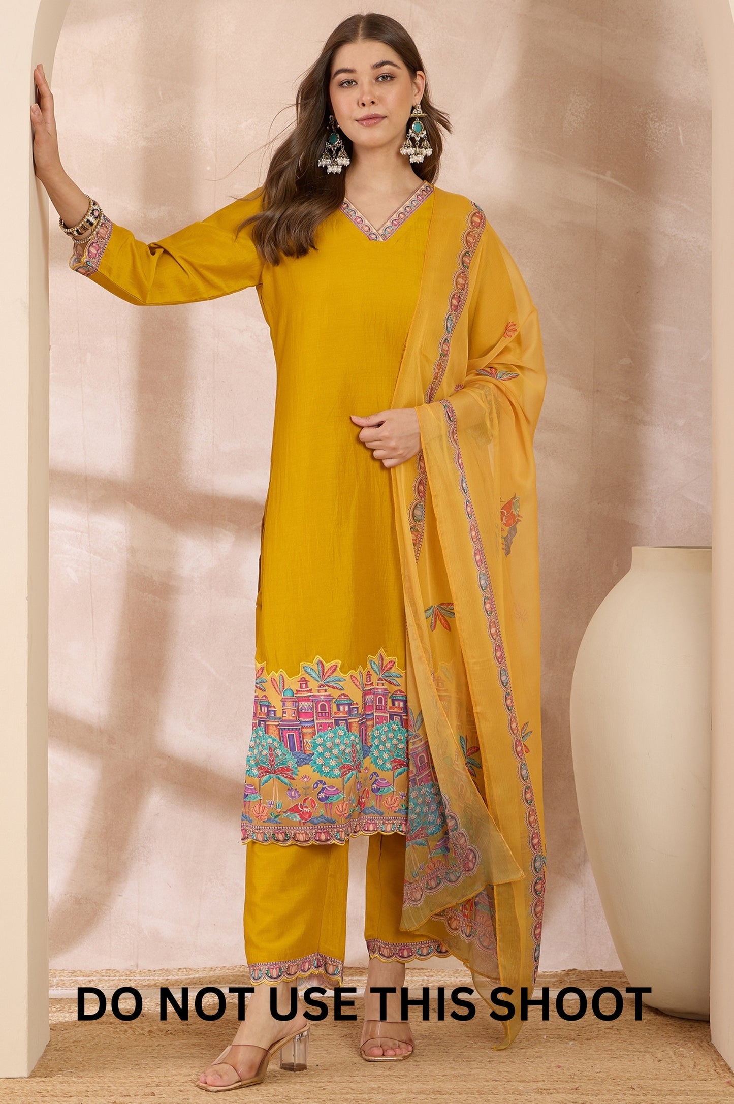 Women Mustard Chinnon Applique Digital Print Kurta Pant Dupatta Set