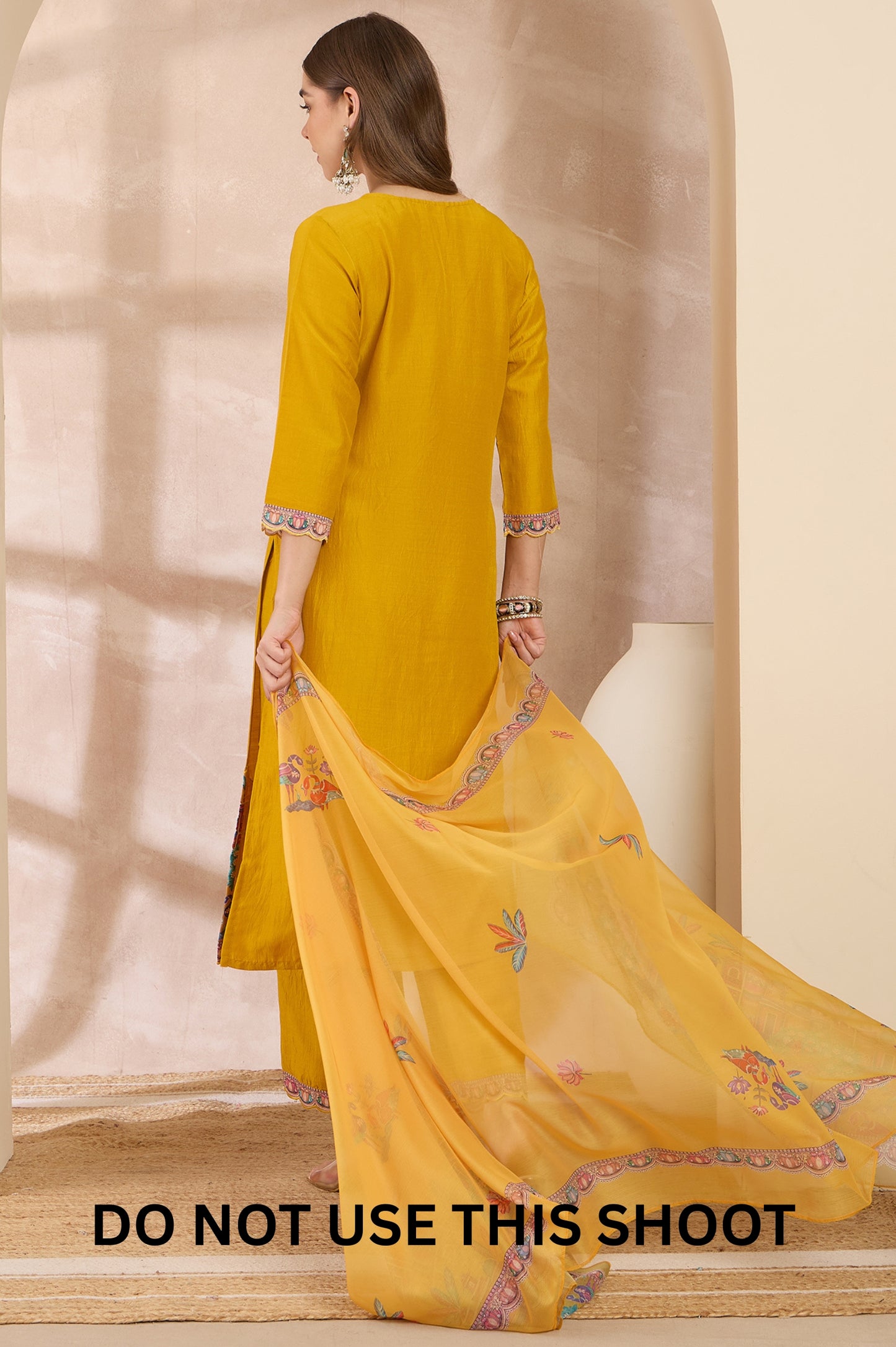 Women Mustard Chinnon Applique Digital Print Kurta Pant Dupatta Set