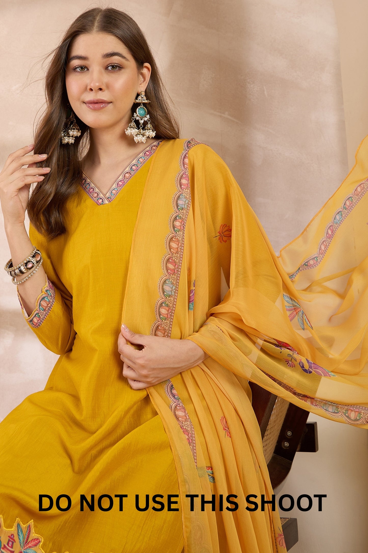 Women Mustard Chinnon Applique Digital Print Kurta Pant Dupatta Set