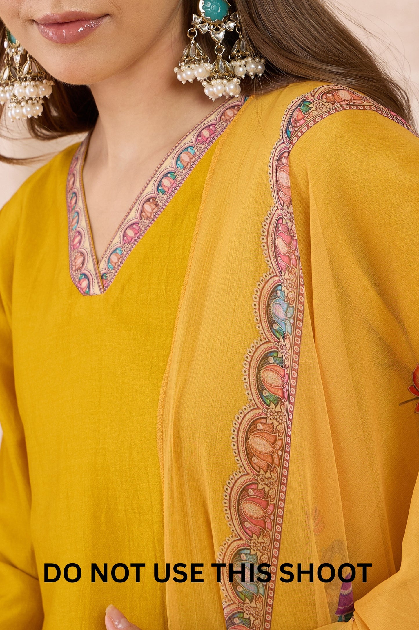 Women Mustard Chinnon Applique Digital Print Kurta Pant Dupatta Set