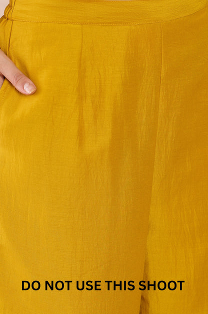 Women Mustard Chinnon Applique Digital Print Kurta Pant Dupatta Set