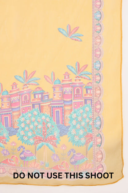 Women Mustard Chinnon Applique Digital Print Kurta Pant Dupatta Set