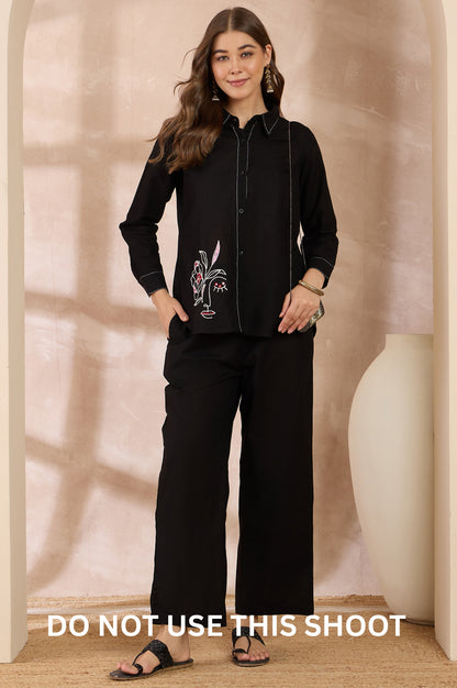 Women Black Cotton Flex Embroidered Shirt & Pant Set