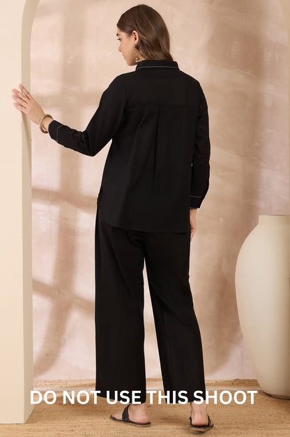 Women Black Cotton Flex Embroidered Shirt & Pant Set