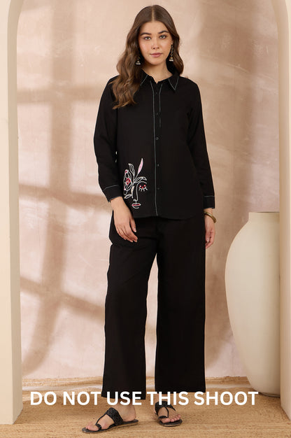 Women Black Cotton Flex Embroidered Shirt & Pant Set