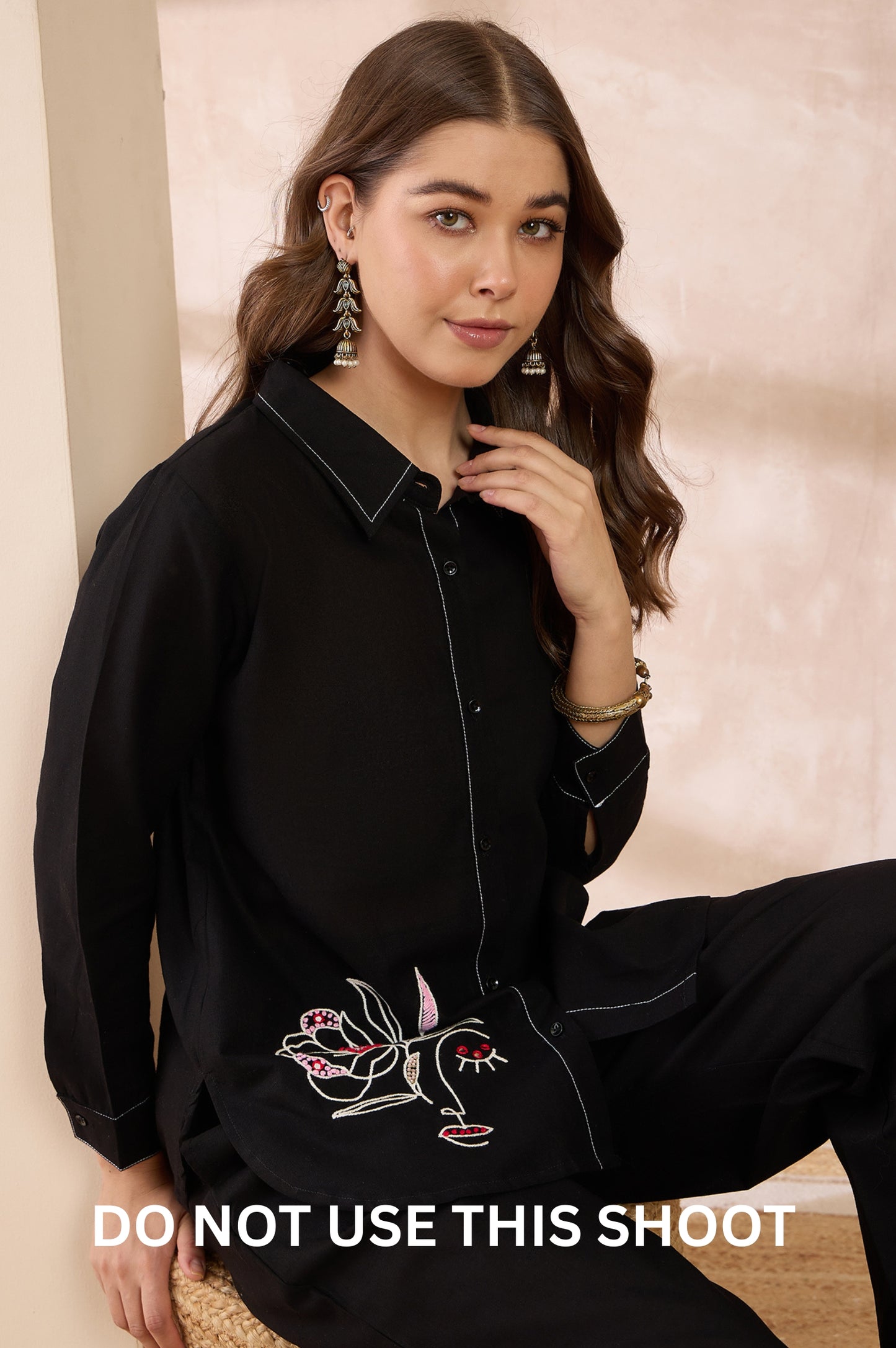 Women Black Cotton Flex Embroidered Shirt & Pant Set