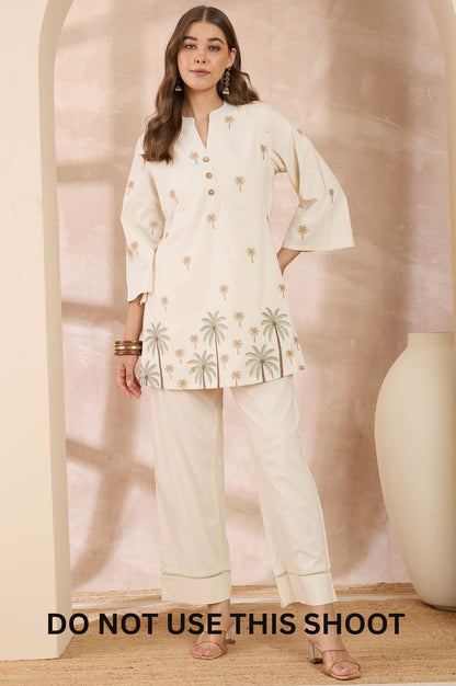 Women Off White Cotton Blend Embroidered Tunic Co-ord Set