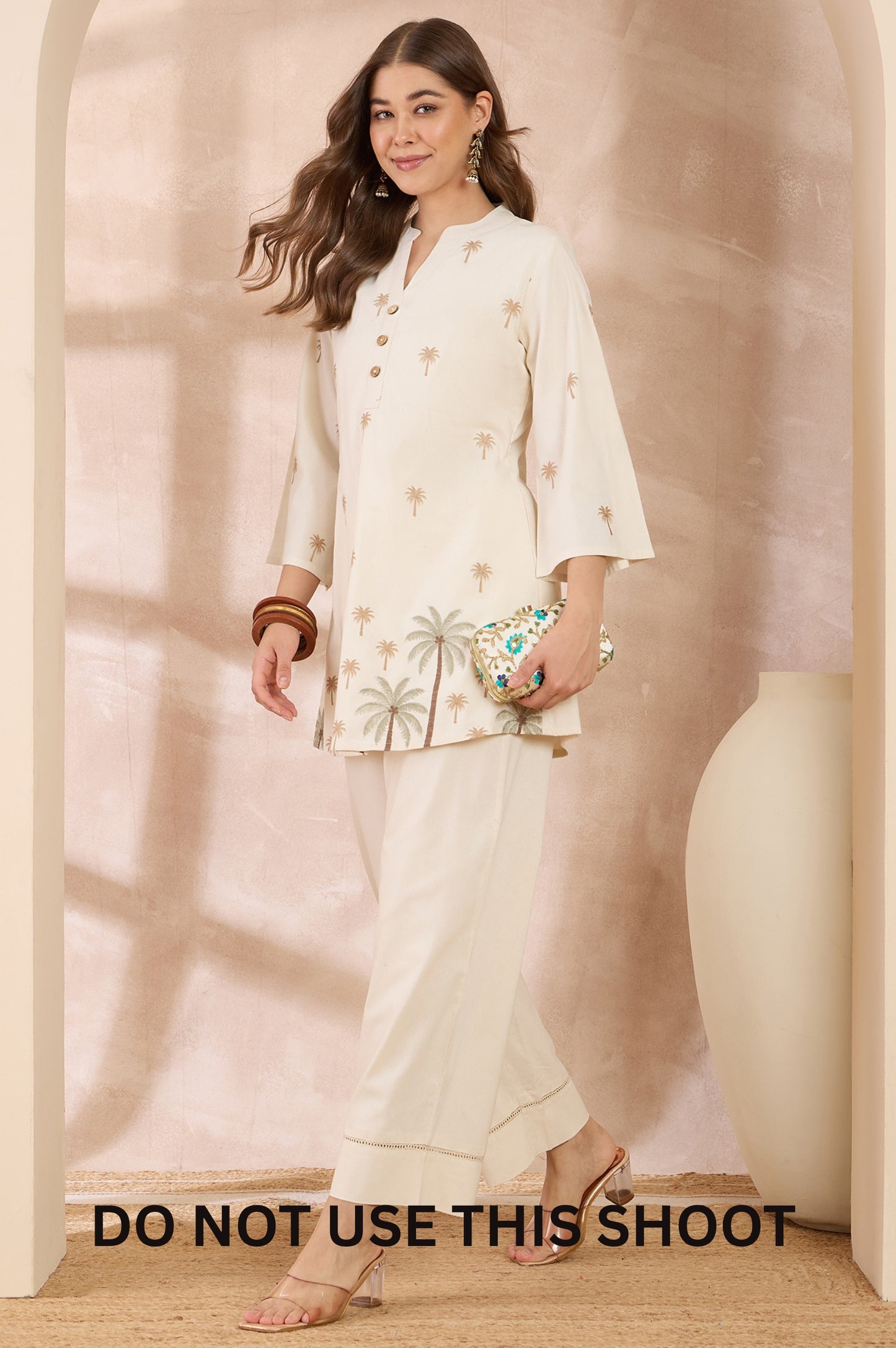 Women Off White Cotton Blend Embroidered Tunic Co-ord Set