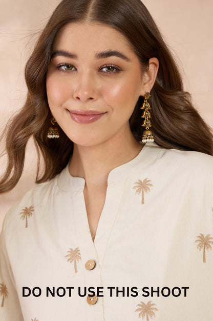 Women Off White Cotton Blend Embroidered Tunic Co-ord Set