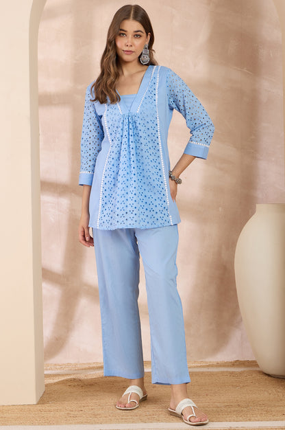 Women Sky Blue Pure Cotton Schiffli Embroidered Tunic Co-ord Set