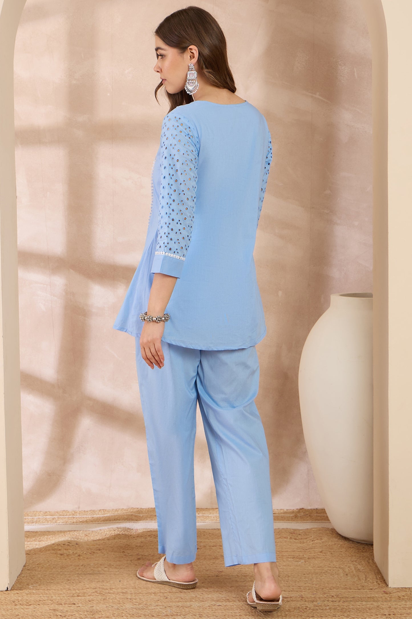 Women Sky Blue Pure Cotton Schiffli Embroidered Tunic Co-ord Set