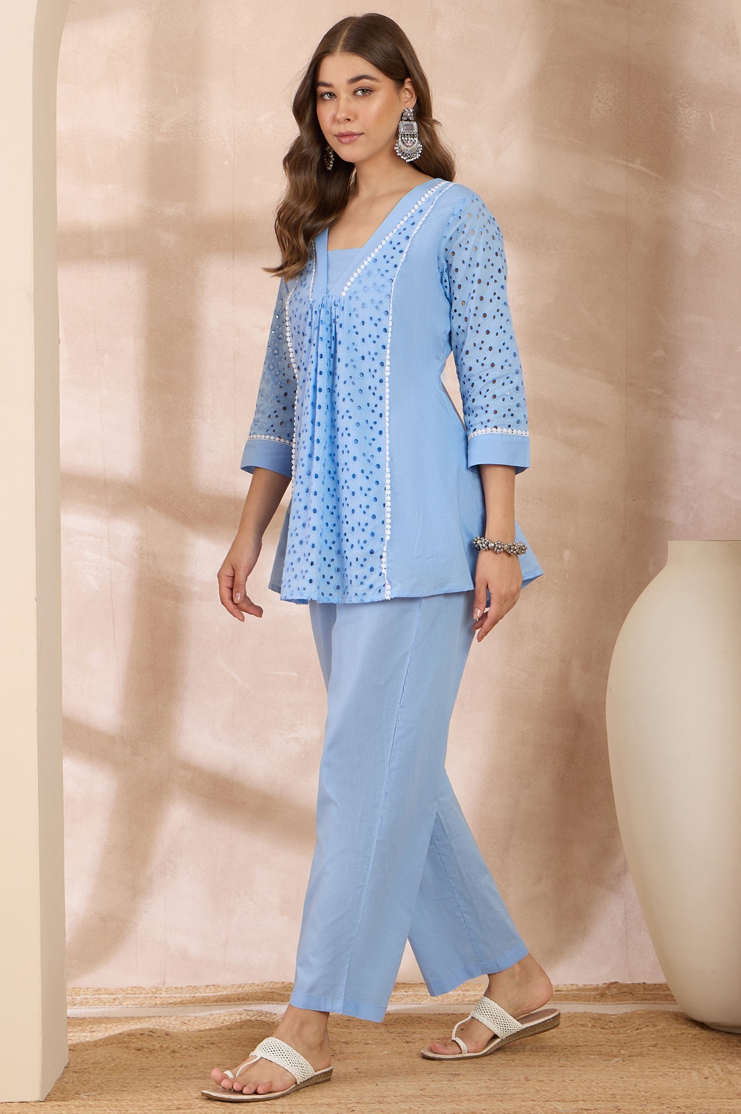 Women Sky Blue Pure Cotton Schiffli Embroidered Tunic Co-ord Set