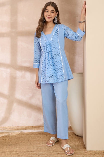 Women Sky Blue Pure Cotton Schiffli Embroidered Tunic Co-ord Set