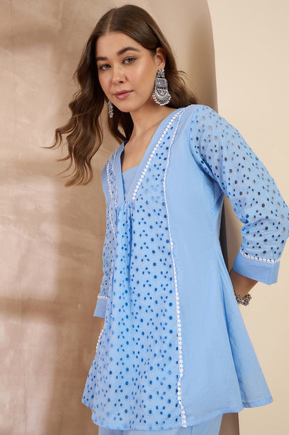 Women Sky Blue Pure Cotton Schiffli Embroidered Tunic Co-ord Set