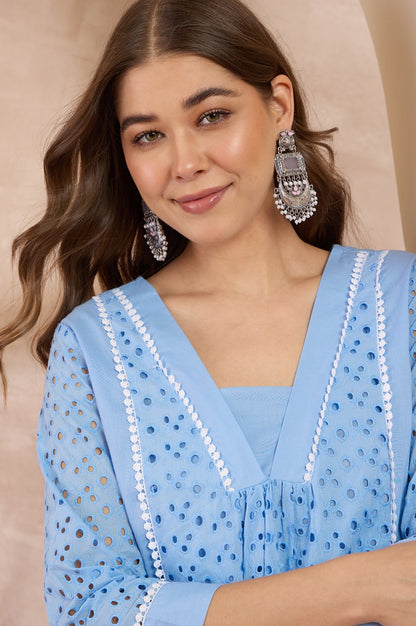 Women Sky Blue Pure Cotton Schiffli Embroidered Tunic Co-ord Set