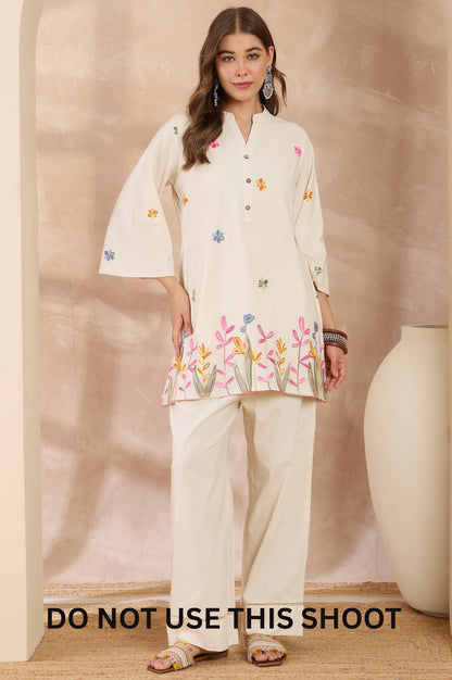 Women White Cotton Flex Chain Stitch Embroidered Tunic Co-ord Set