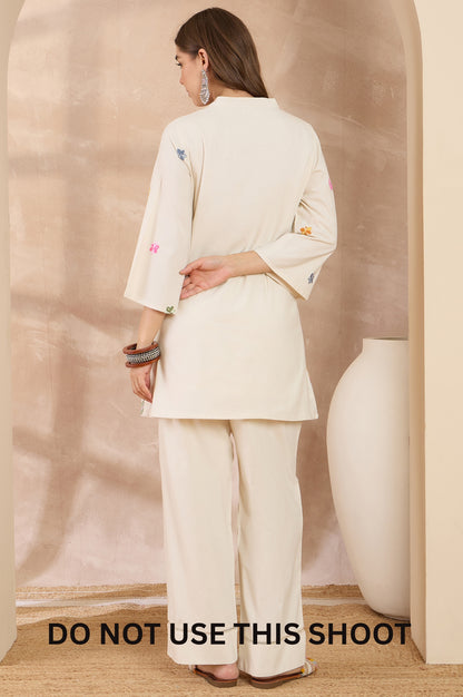 Women White Cotton Flex Chain Stitch Embroidered Tunic Co-ord Set