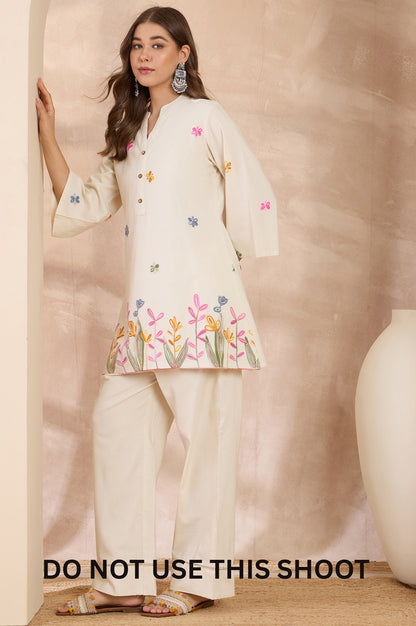 Women White Cotton Flex Chain Stitch Embroidered Tunic Co-ord Set