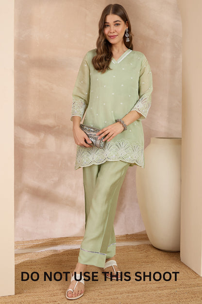 Women Pista Green Mul Chanderi Schiffly Work Tunic Pant Co-ord Set