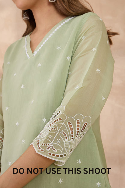 Women Pista Green Mul Chanderi Schiffly Work Tunic Pant Co-ord Set