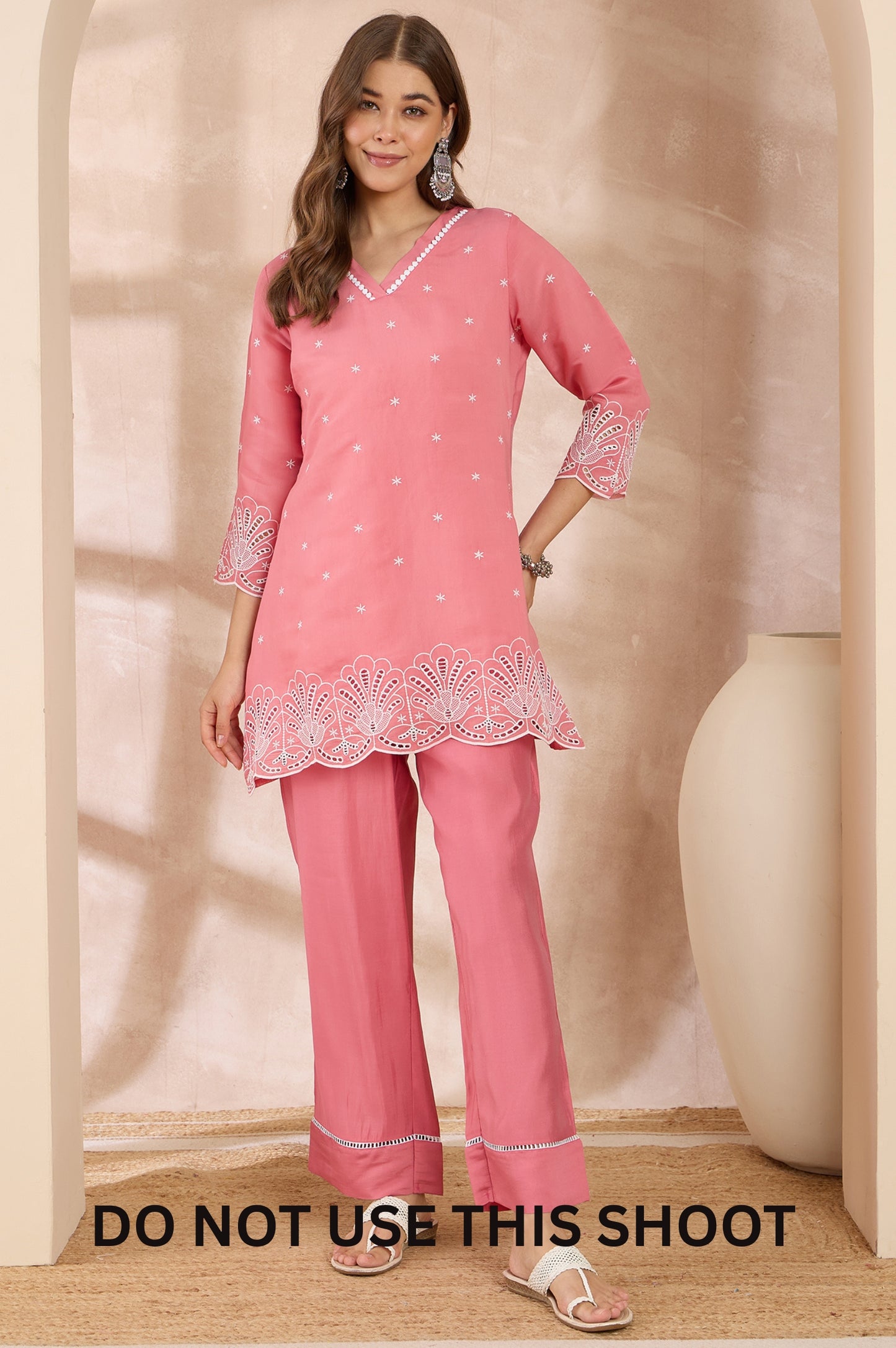 Women Peach Mul Chanderi Schiffly Work Tunic Pant Co-ord Set