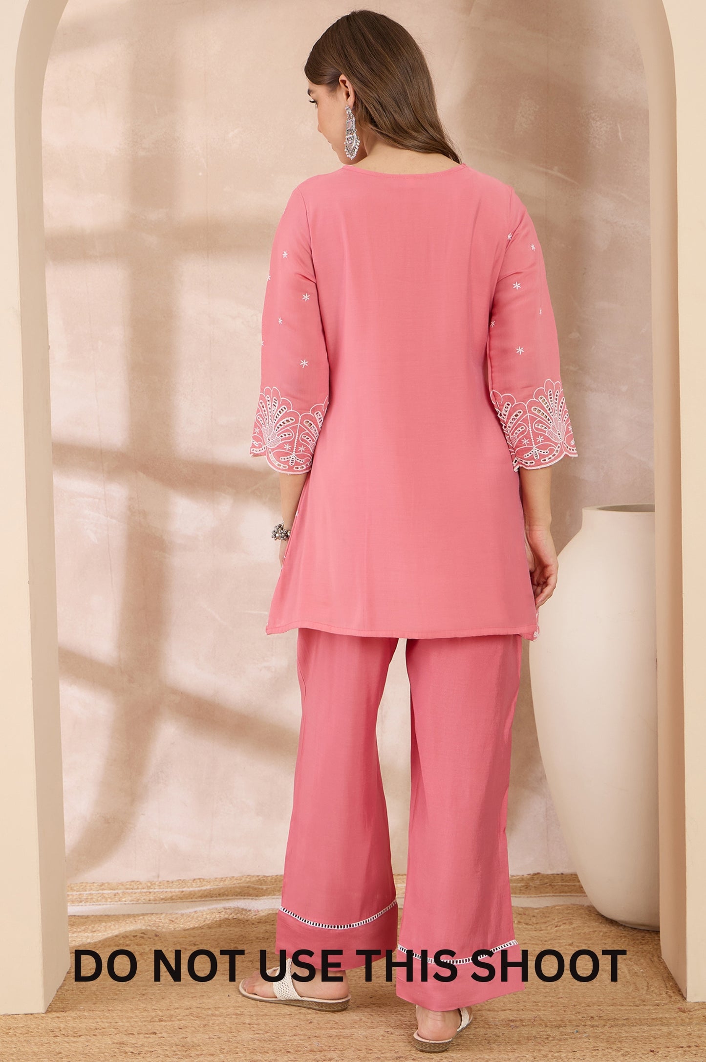 Women Peach Mul Chanderi Schiffly Work Tunic Pant Co-ord Set