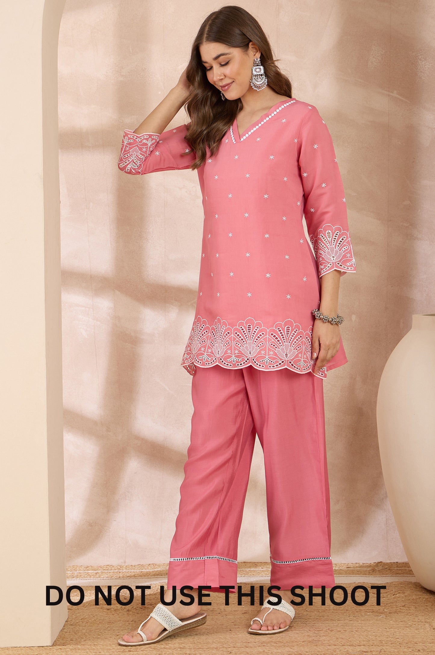 Women Peach Mul Chanderi Schiffly Work Tunic Pant Co-ord Set