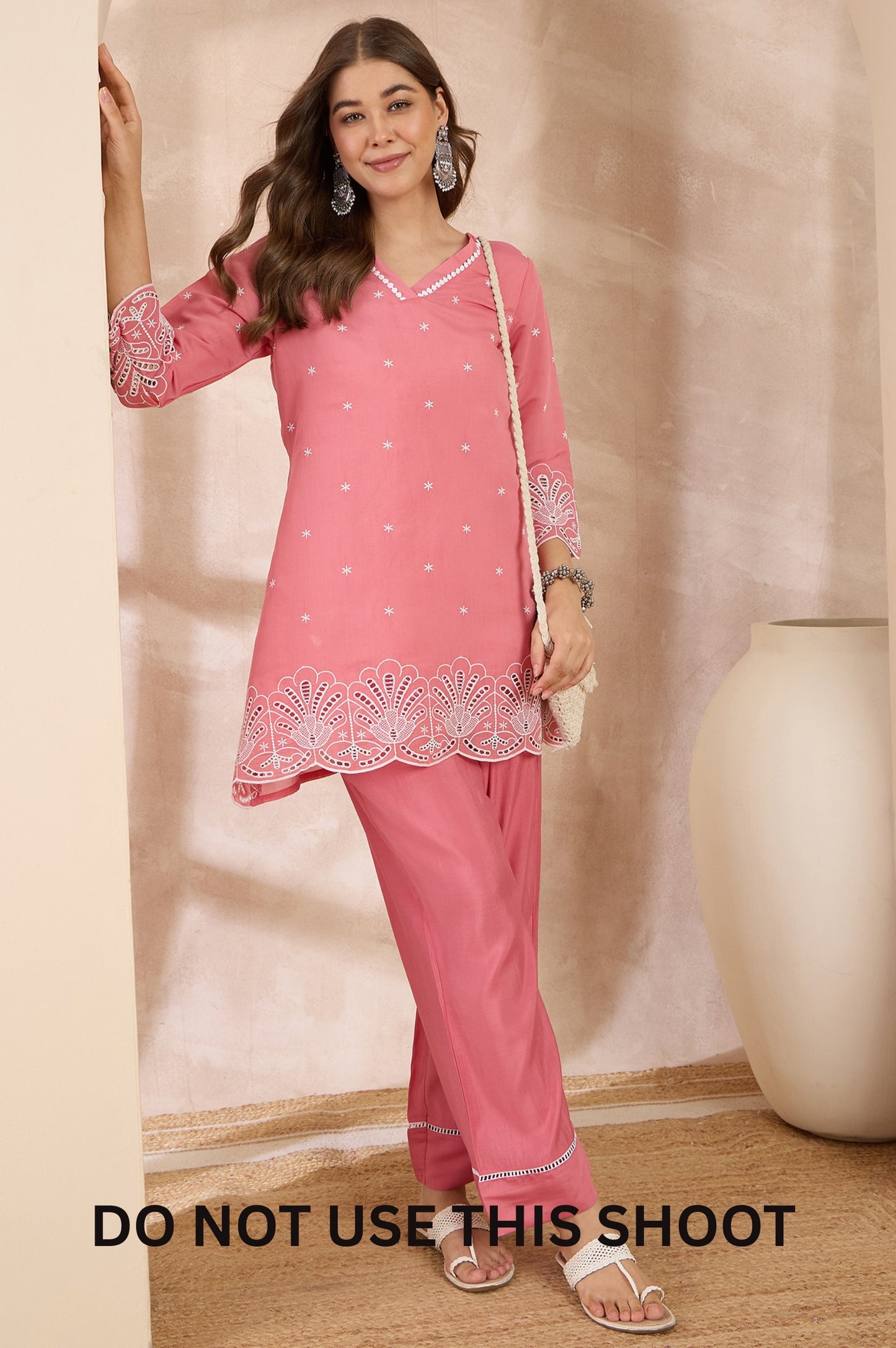 Women Peach Mul Chanderi Schiffly Work Tunic Pant Co-ord Set