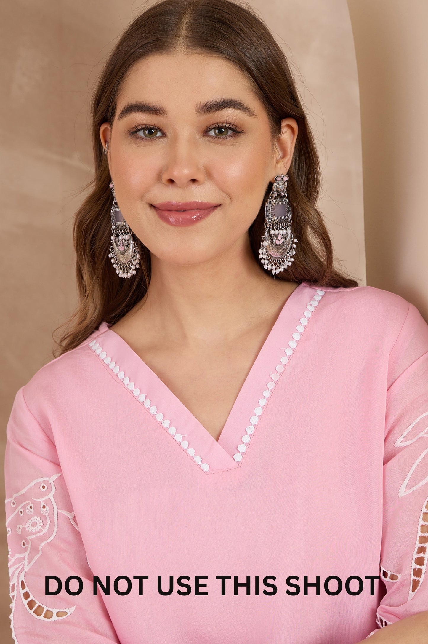 Women Pink Mul Chanderi Schiffly Work Embroidered Tunic Pant Set