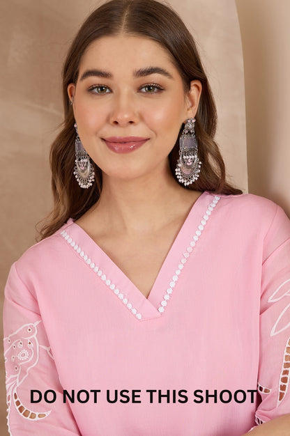 Women Pink Mul Chanderi Schiffly Work Embroidered Tunic Pant Set