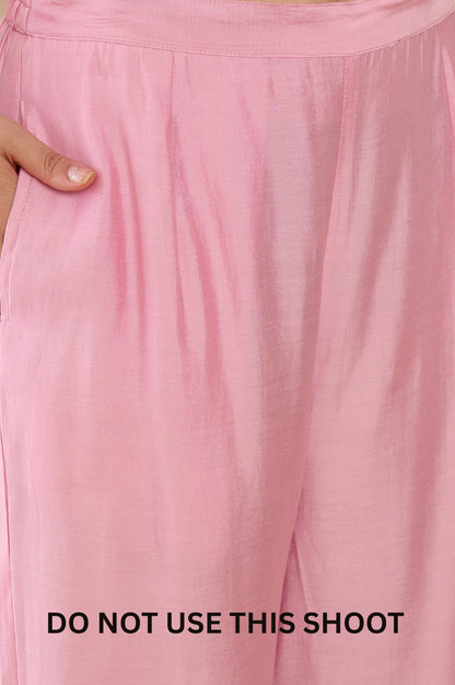Women Pink Mul Chanderi Schiffly Work Embroidered Tunic Pant Set