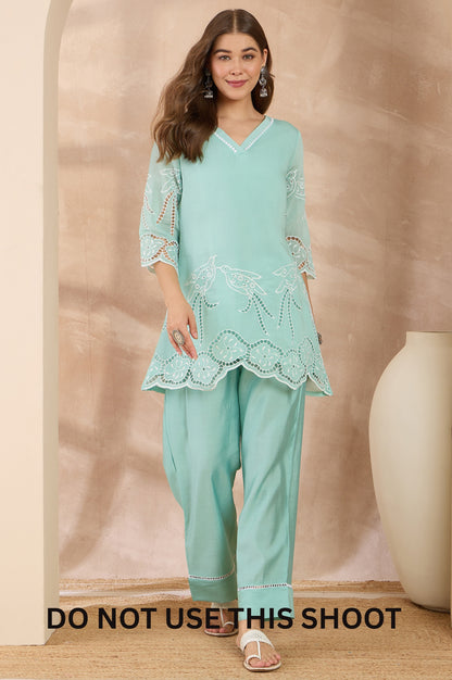 Women Green Mul Chanderi Schiffly Work Embroidered Tunic Pant Set