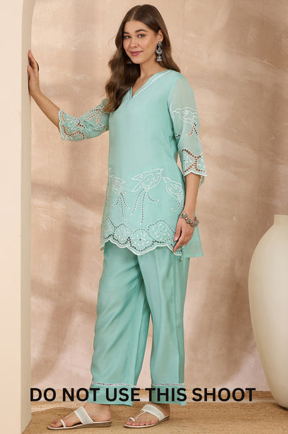 Women Green Mul Chanderi Schiffly Work Embroidered Tunic Pant Set