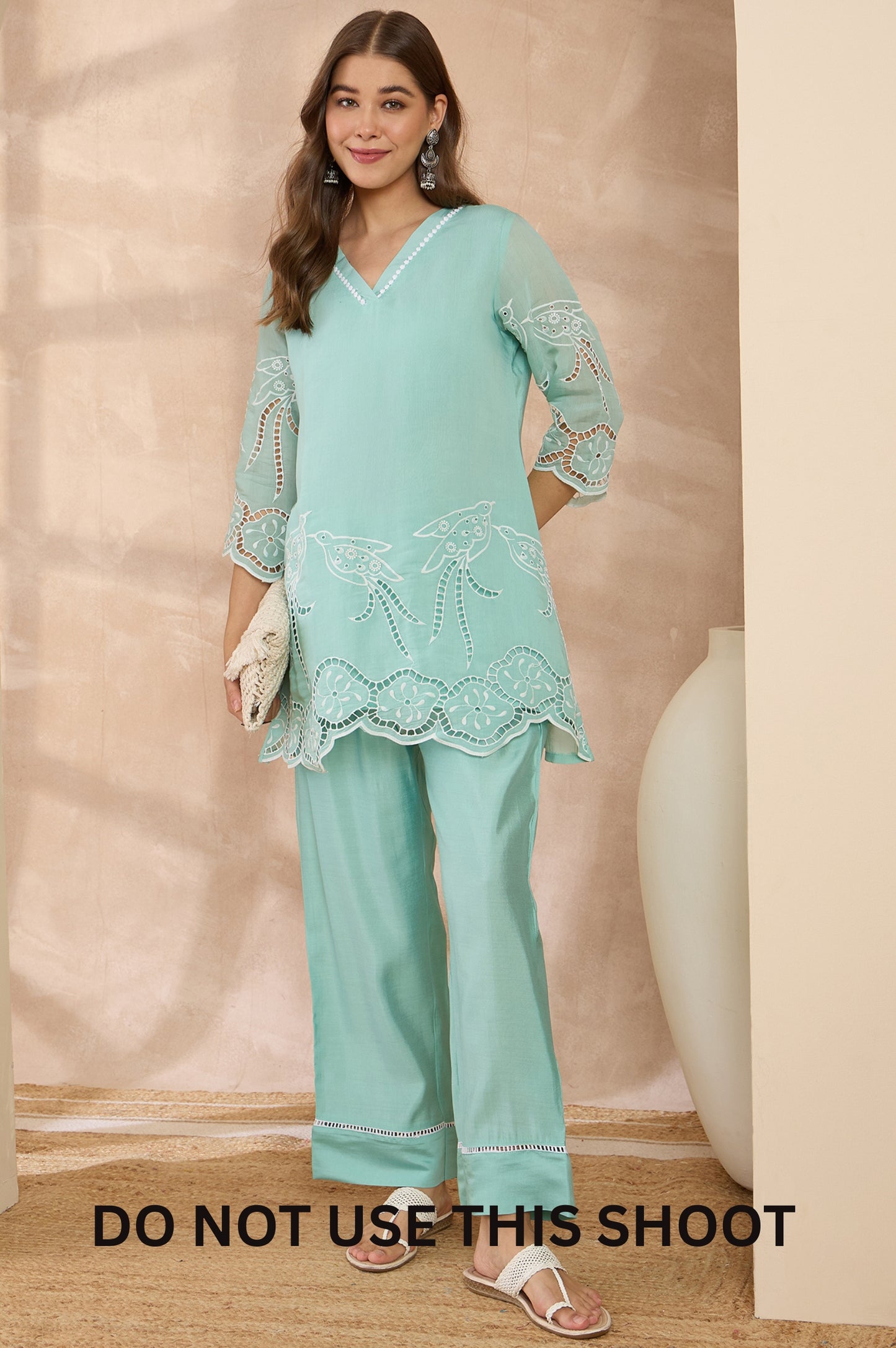Women Green Mul Chanderi Schiffly Work Embroidered Tunic Pant Set