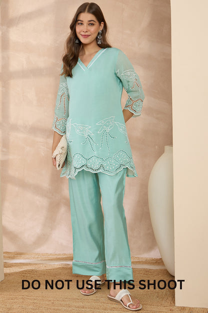 Women Green Mul Chanderi Schiffly Work Embroidered Tunic Pant Set