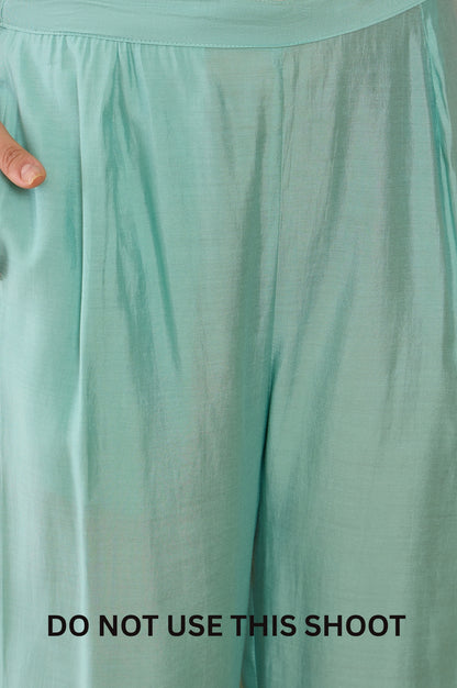 Women Green Mul Chanderi Schiffly Work Embroidered Tunic Pant Set