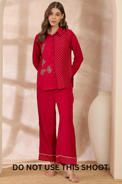 Red Chinnon Embroidered Foil Work Shirt & Pant Co-ord Set