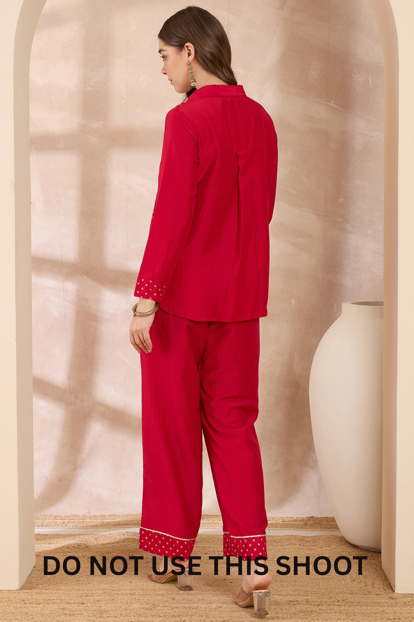 Red Chinnon Embroidered Foil Work Shirt & Pant Co-ord Set