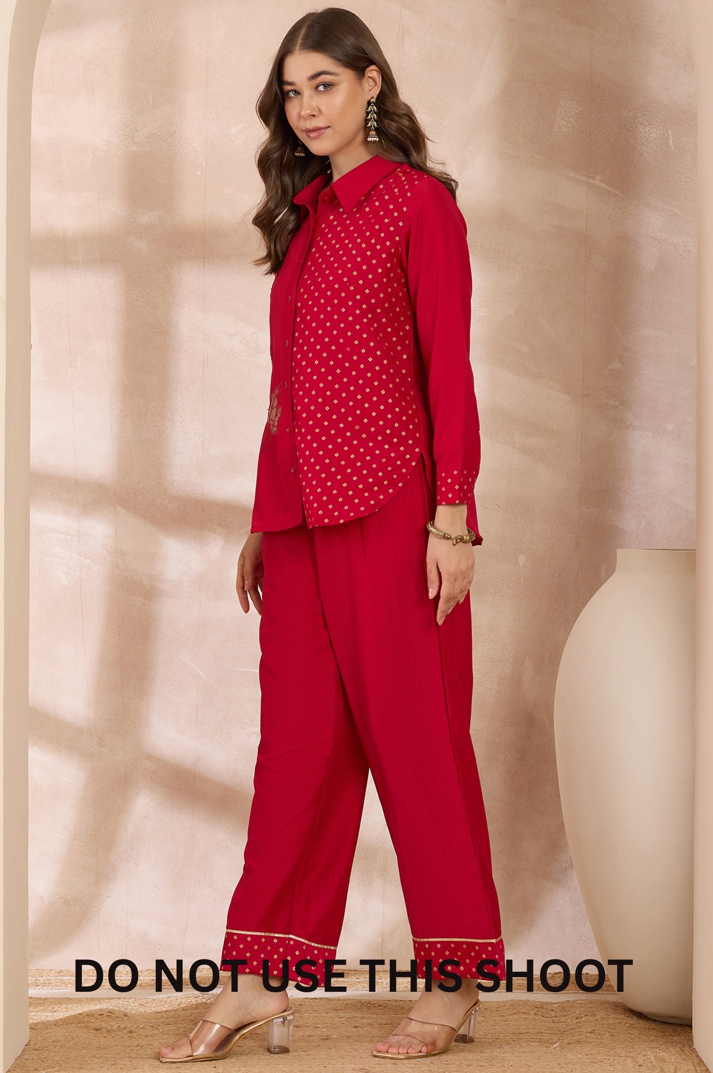 Red Chinnon Embroidered Foil Work Shirt & Pant Co-ord Set
