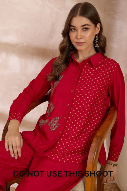 Red Chinnon Embroidered Foil Work Shirt & Pant Co-ord Set
