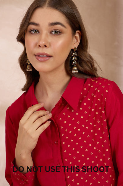 Red Chinnon Embroidered Foil Work Shirt & Pant Co-ord Set