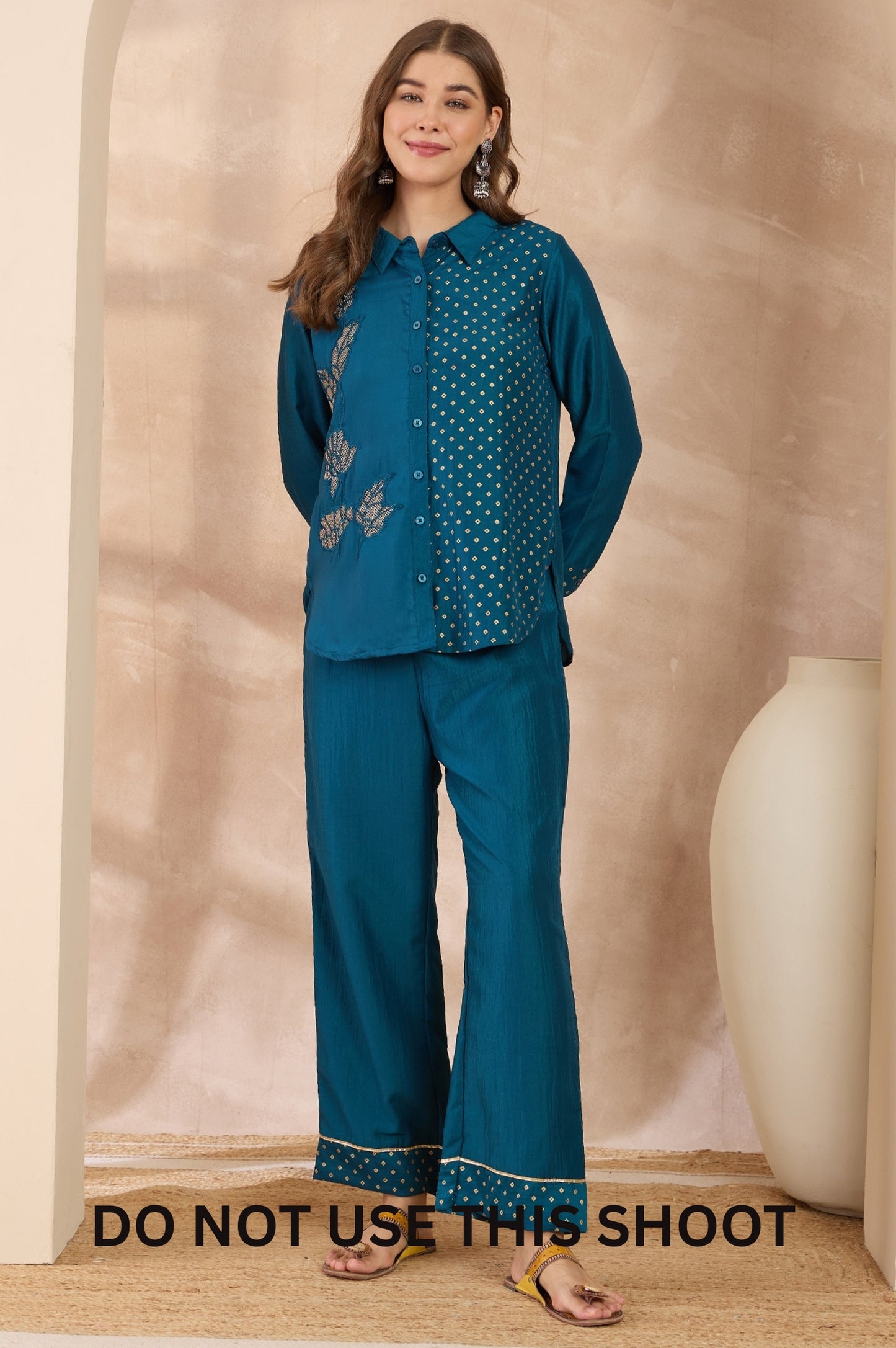 Women Turquoise Blue Chinnon Embroidered Foil Work Shirt Pant Set