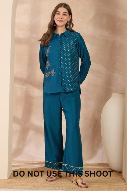 Women Turquoise Blue Chinnon Embroidered Foil Work Shirt Pant Set