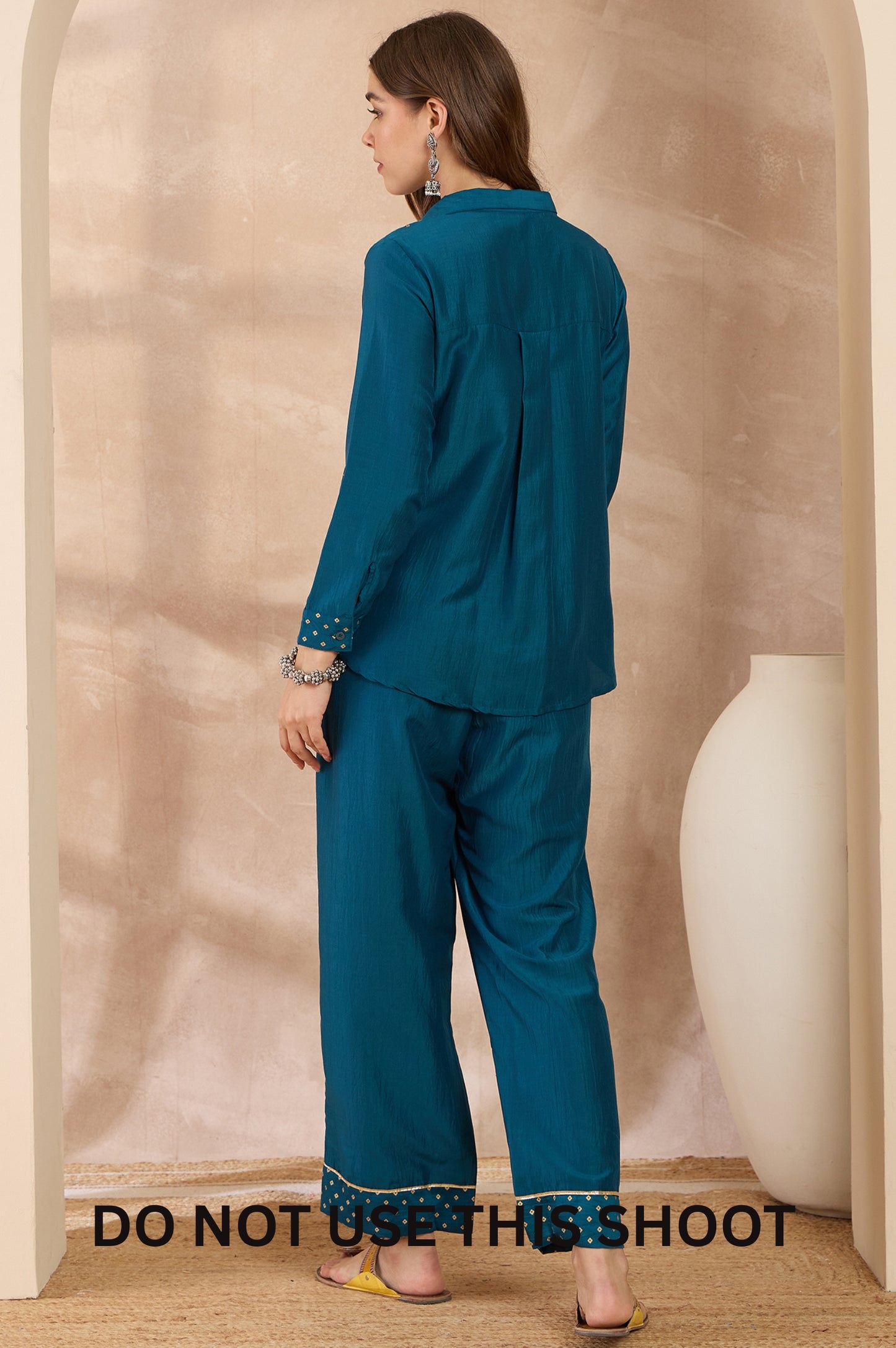 Women Turquoise Blue Chinnon Embroidered Foil Work Shirt Pant Set
